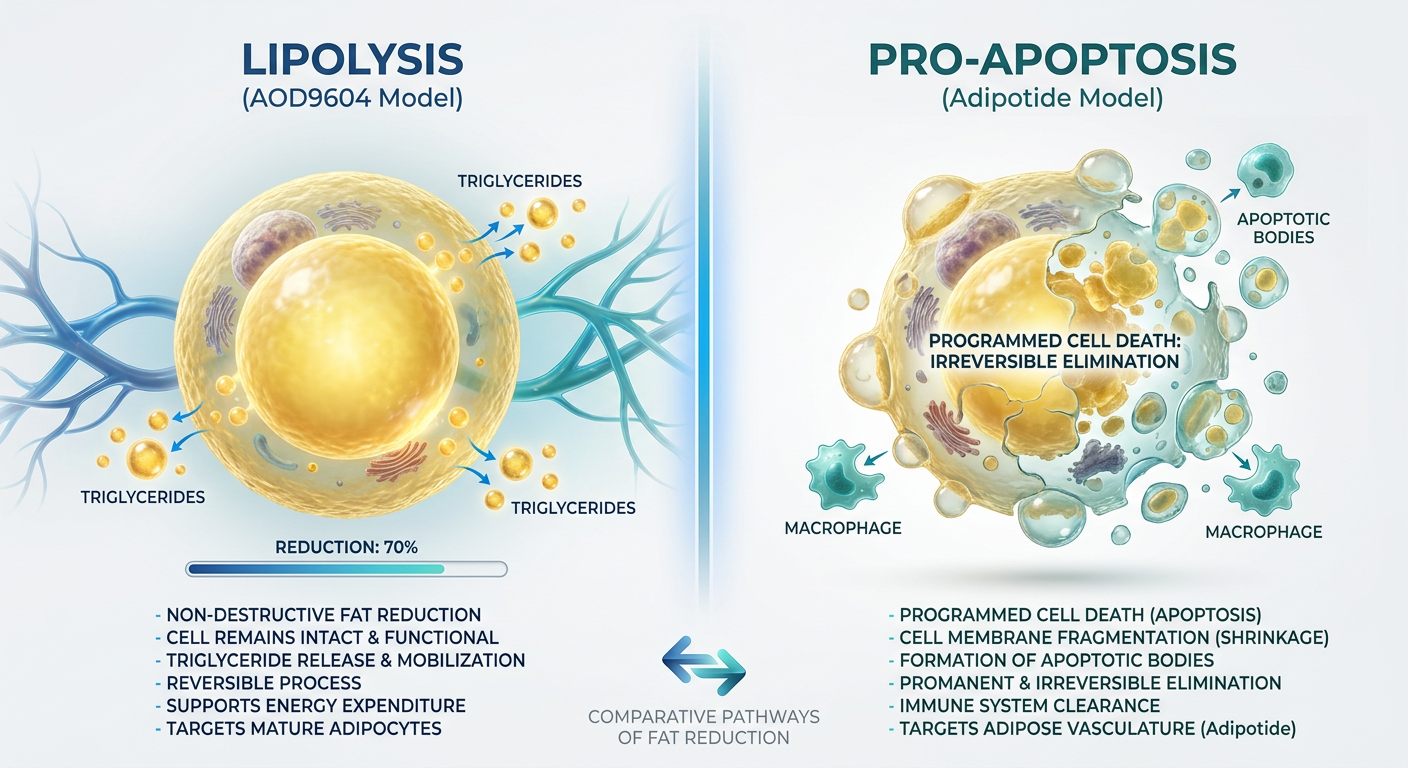 A side-by-side medical infographic comparing Lipolysis vs. Apoptosis in fat cells. The left side shows a shrinking fat cell (lipolysis) and the right side shows a cell being eliminated by a targeted peptide (apoptosis).