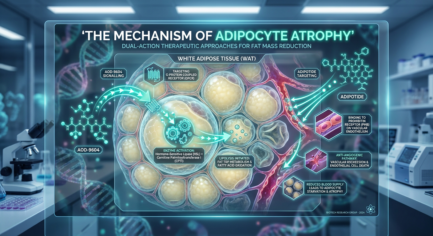 An infographic explaining the mechanism of White Adipose Tissue (WAT) reduction, highlighting the role of Adipotide and AOD9604 in targeting energy storage.