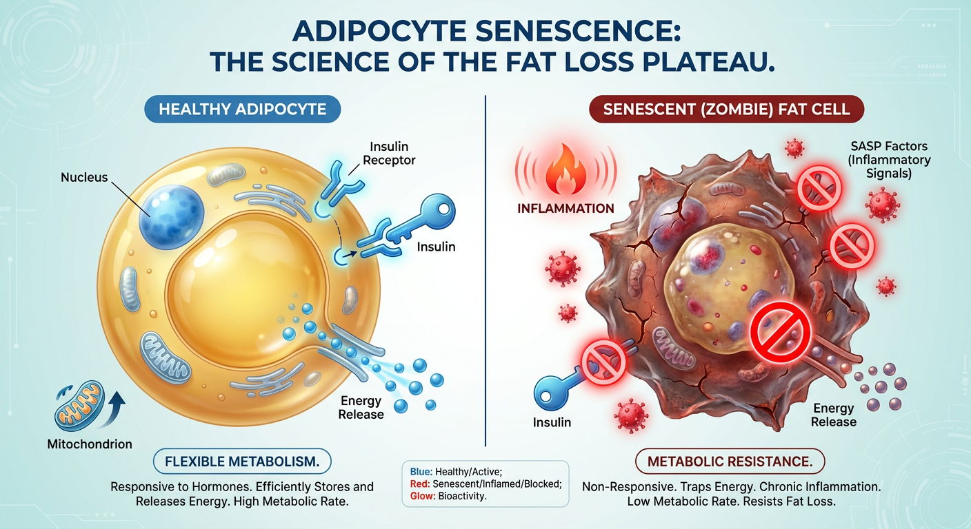 A comparative diagram showing the difference between a healthy fat cell and a senescent 'zombie' fat cell, illustrating metabolic dysfunction and stubborn fat storage.