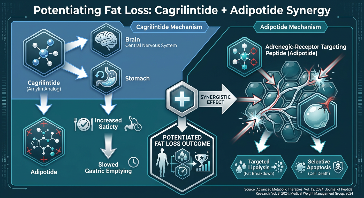 A scientific diagram showing the synergy between Cagrilintide and Adipotide, illustrating how they target appetite control and fat cell elimination respectively.