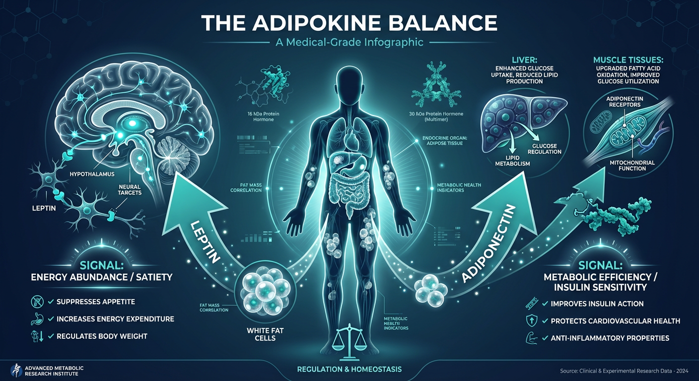 An infographic titled 'The Adipokine Balance' showing the relationship between Leptin and Adiponectin in metabolic health. The left side shows Leptin traveling from fat cells to the brain (Satiety), while the right side shows Adiponectin improving insulin sensitivity in muscles and liver. Professional blue and white medical aesthetic.