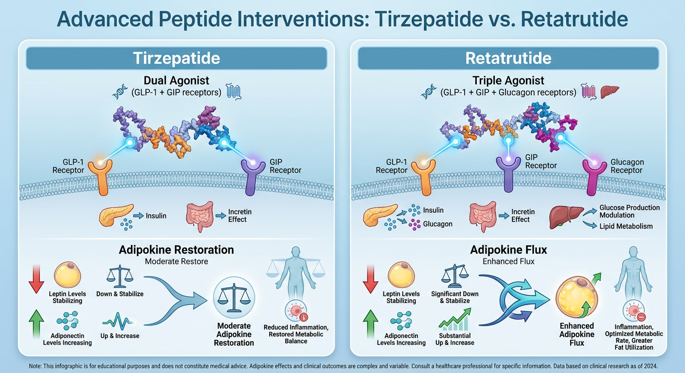 A scientific comparison chart showing how Tirzepatide and Retatrutide influence adipokine flux. The graphic displays dual and triple agonist actions on GLP-1, GIP, and Glucagon receptors, leading to reduced leptin resistance and increased adiponectin levels.