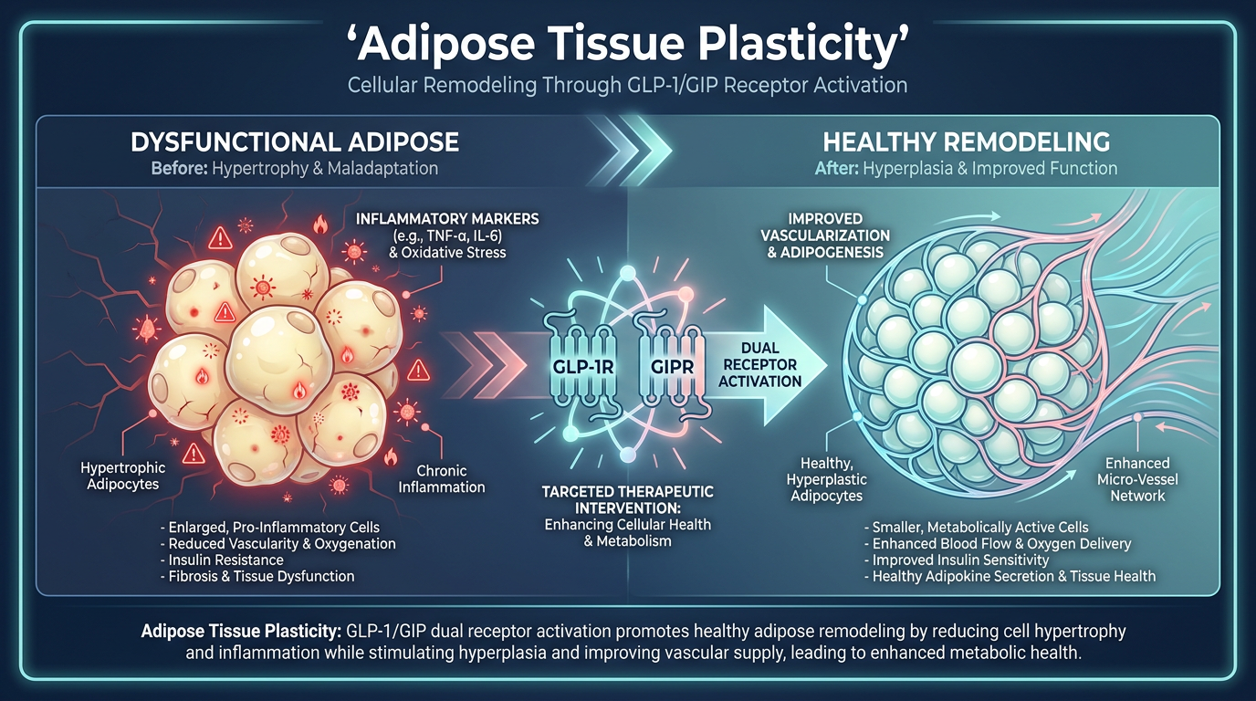 Infographic illustrating Adipose Tissue Plasticity and the transformation of fat cells from hypertrophic to healthy under dual peptide agonism.