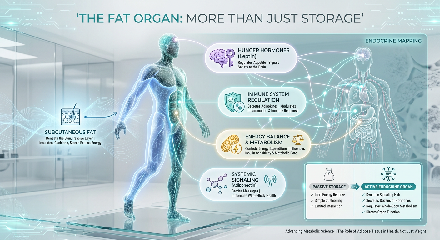 Anatomy infographic of the human body highlighting the differences between Subcutaneous Fat and the metabolic endocrine functions of fat tissue.