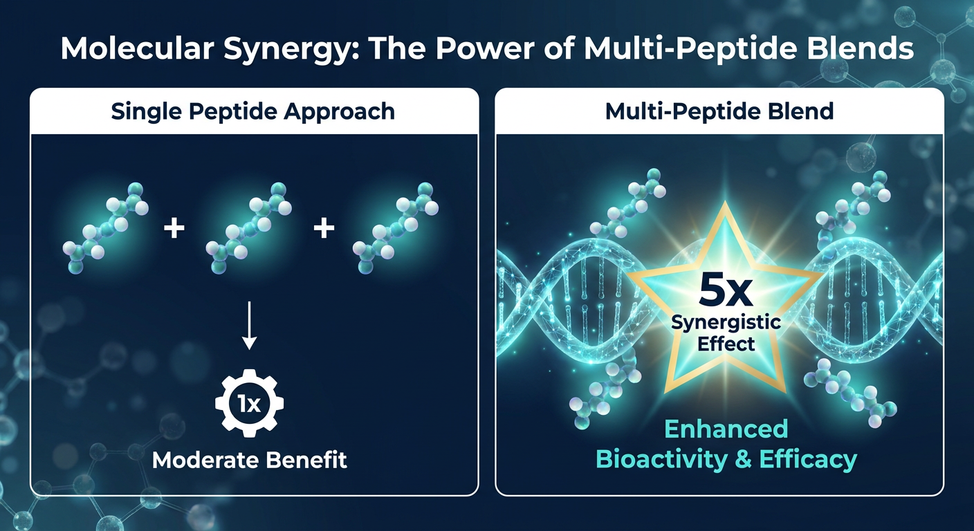 A clean scientific infographic titled 'The Power of Molecular Synergy' showing how individual peptides combine for enhanced results. It features a blue and teal color palette with a 3D molecular background.