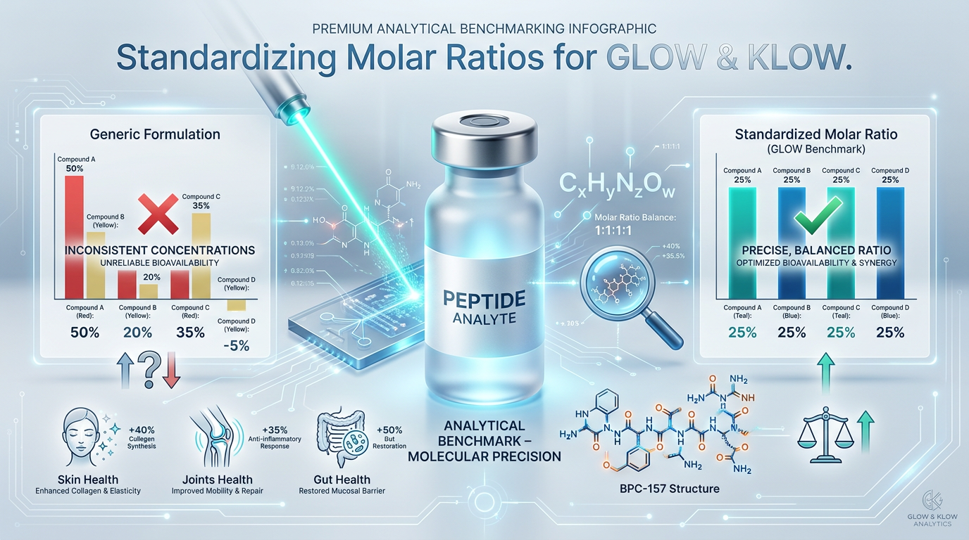 A detailed laboratory-style infographic explaining molar ratio standardization in peptide formulations, comparing a balanced GLOW blend vial with an unbalanced generic vial.