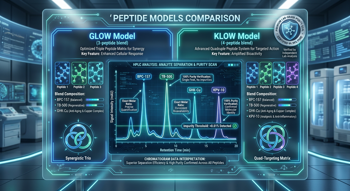 A technical comparison chart showing the GLOW and KLOW multi-peptide models, highlighting the importance of precise molar ratios and purity testing.
