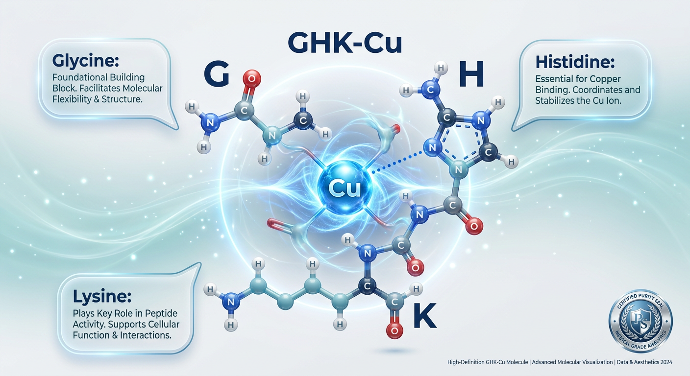 Infographic showing the chemical structure of GHK-Cu, featuring the amino acids Glycine, Histidine, and Lysine bonded to a copper ion, with labels and a clean medical aesthetic.