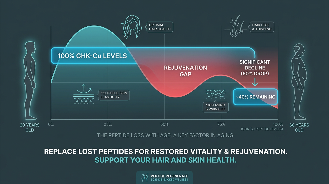 A comparison chart showing the decline of natural GHK-Cu levels in the human body from age 20 to age 60, highlighting a 60 percent drop.