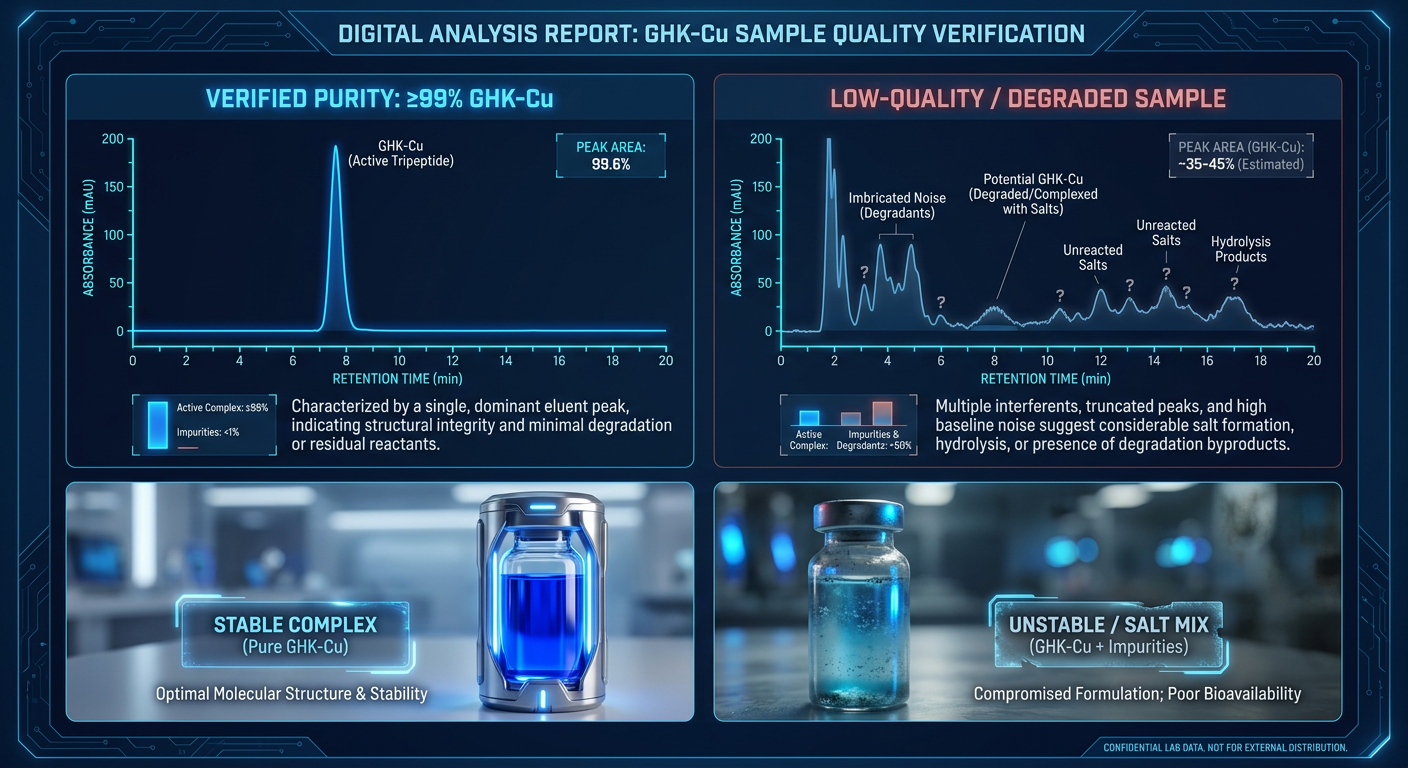 A dual-panel infographic comparing 'Pure GHK-Cu' with 'Impure/Degraded Formula' using HPLC chromatogram visual metaphors.