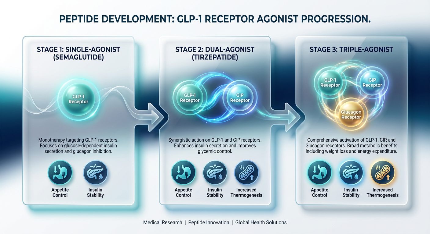 A detailed infographic showing the progression from single-action GLP-1 agonists to triple-agonist peptides targeting GLP-1, GIP, and glucagon receptors.