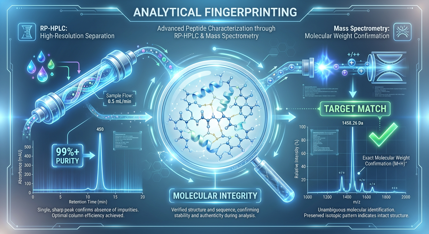 A scientific infographic illustrating the process of RP-HPLC and Mass Spectrometry used to verify peptide purity and molecular weight.
