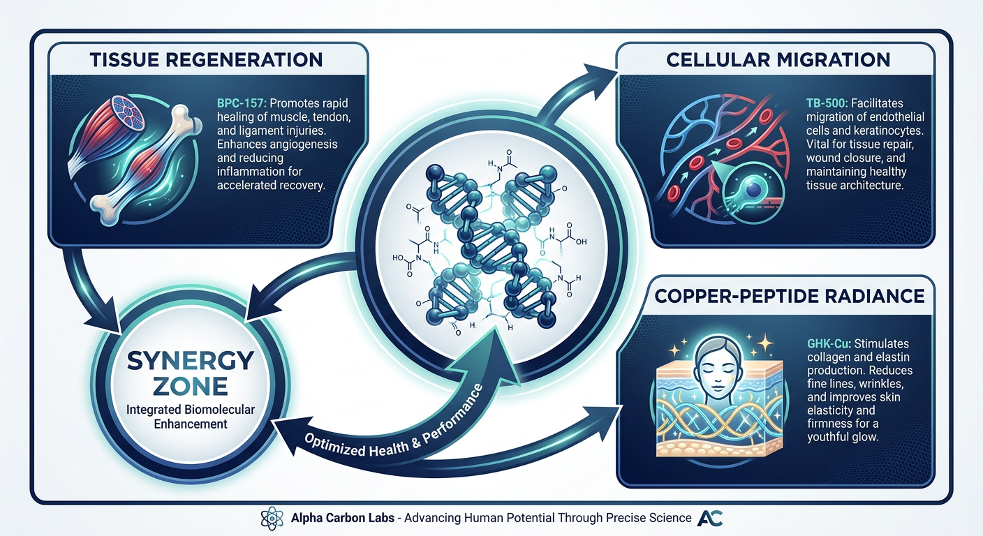 A detailed scientific infographic showing the synergistic effects of <a href=