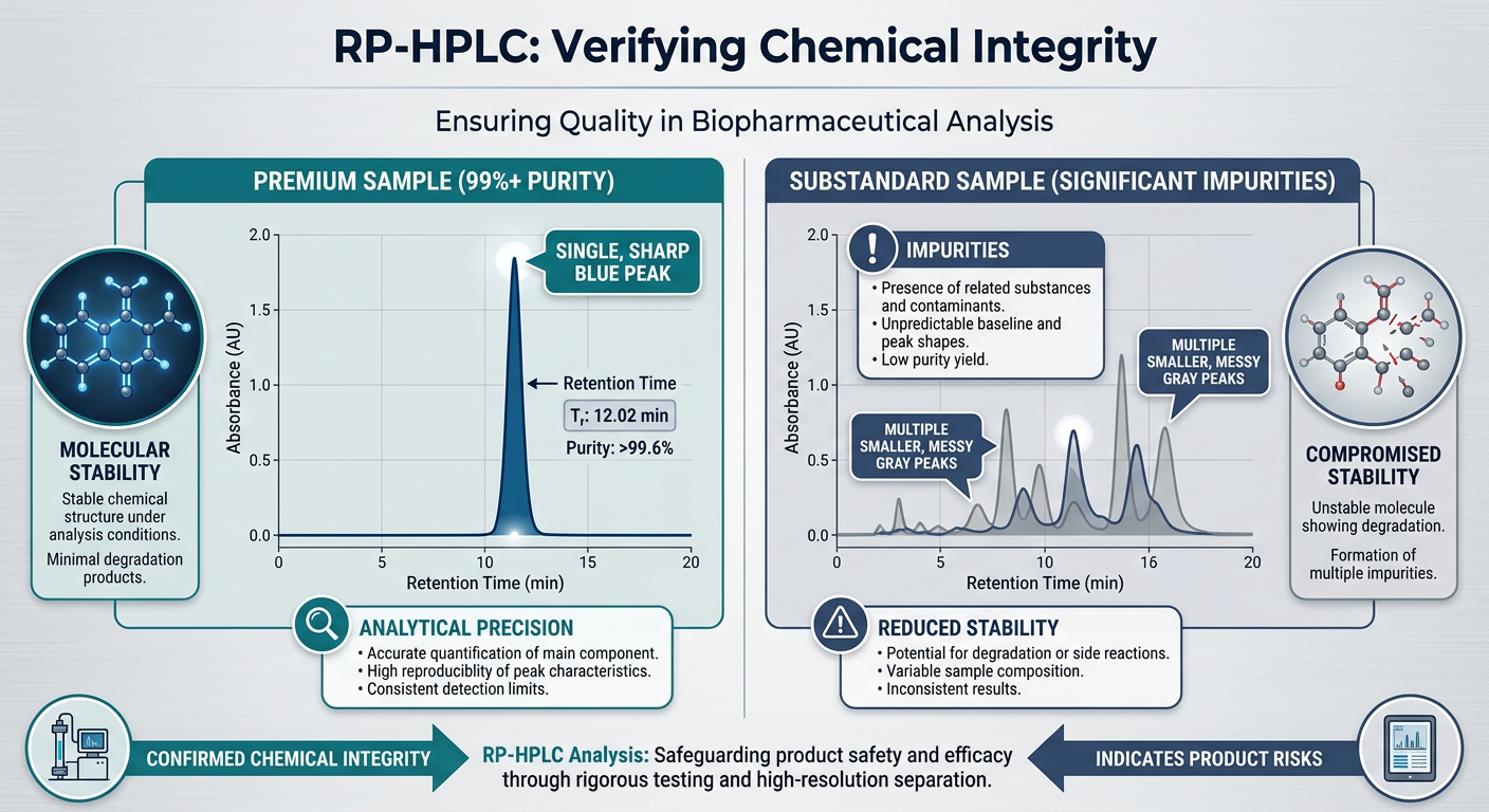 An infographic comparing a pure RP-HPLC chromatogram peak against an impure sample.