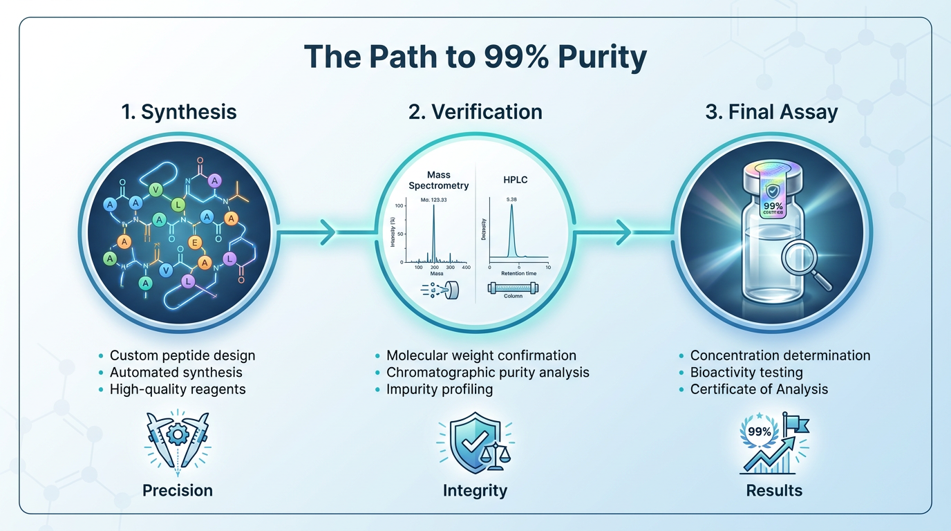 A three-step infographic showing the quality control process from raw synthesis to final assay.