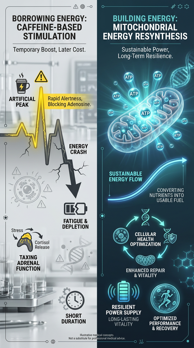 Infographic showing the difference between Caffeine stimulation and Mitochondrial optimization. On the left, a battery icon with a lightning bolt showing a temporary peak followed by a steep drop-off labeled