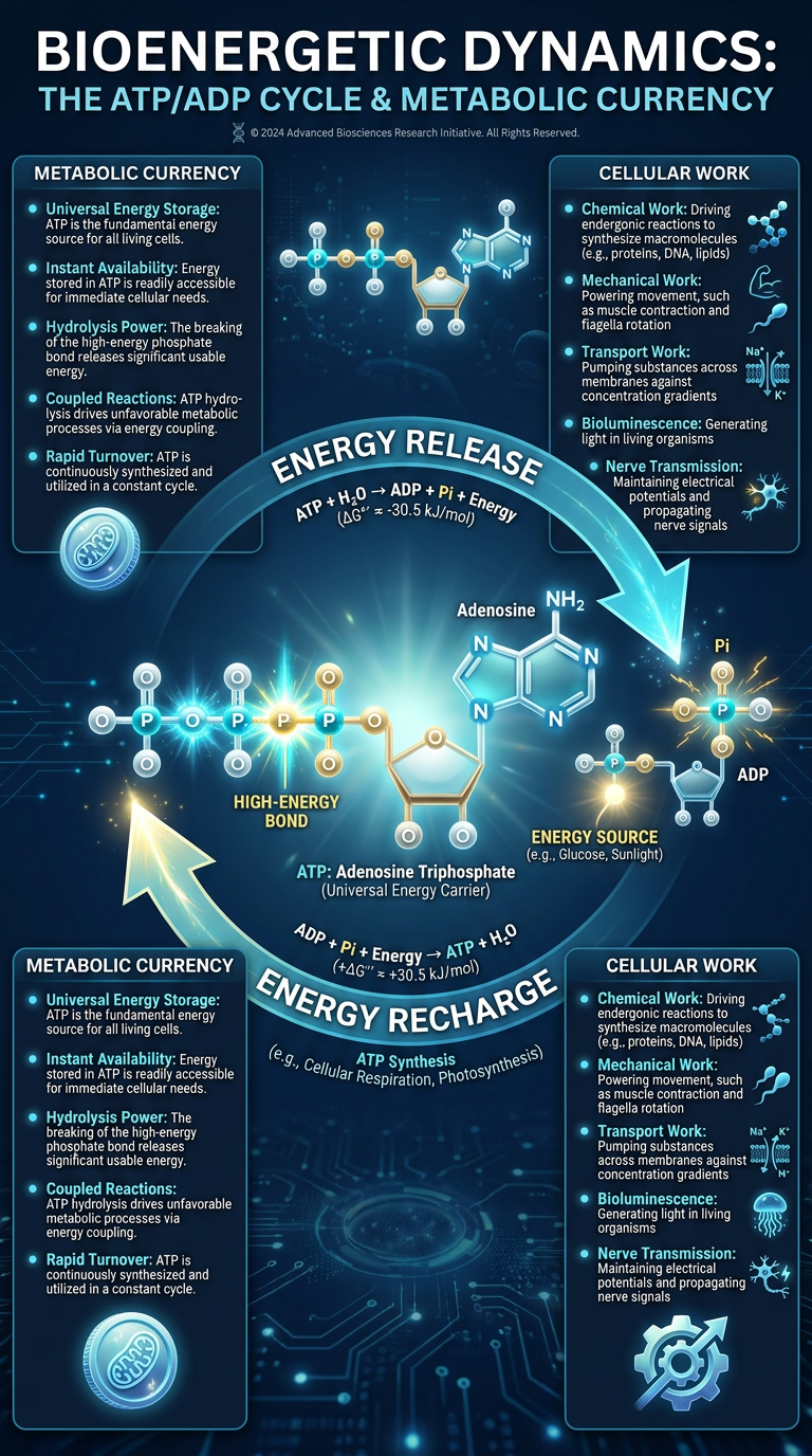 Diagram of an ATP molecule being recycled. A large central graphic shows ATP (3 phosphates) losing one to become ADP (2 phosphates) to release energy, then being recharged back to ATP using a circular arrow. Background features a subtle hexagonal grid.