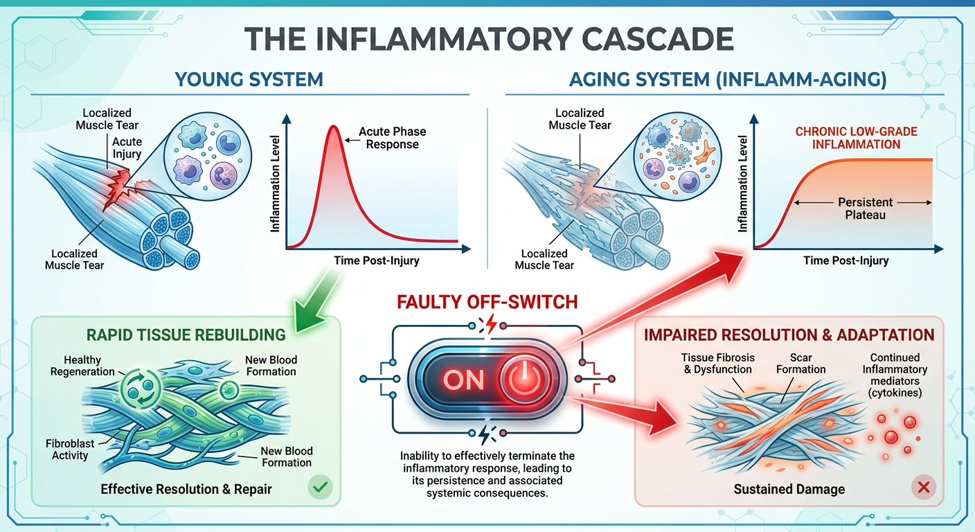 A side-by-side comparison infographic showing a young versus an aging inflammatory response to tissue injury, illustrating the concept of inflamm-aging.
