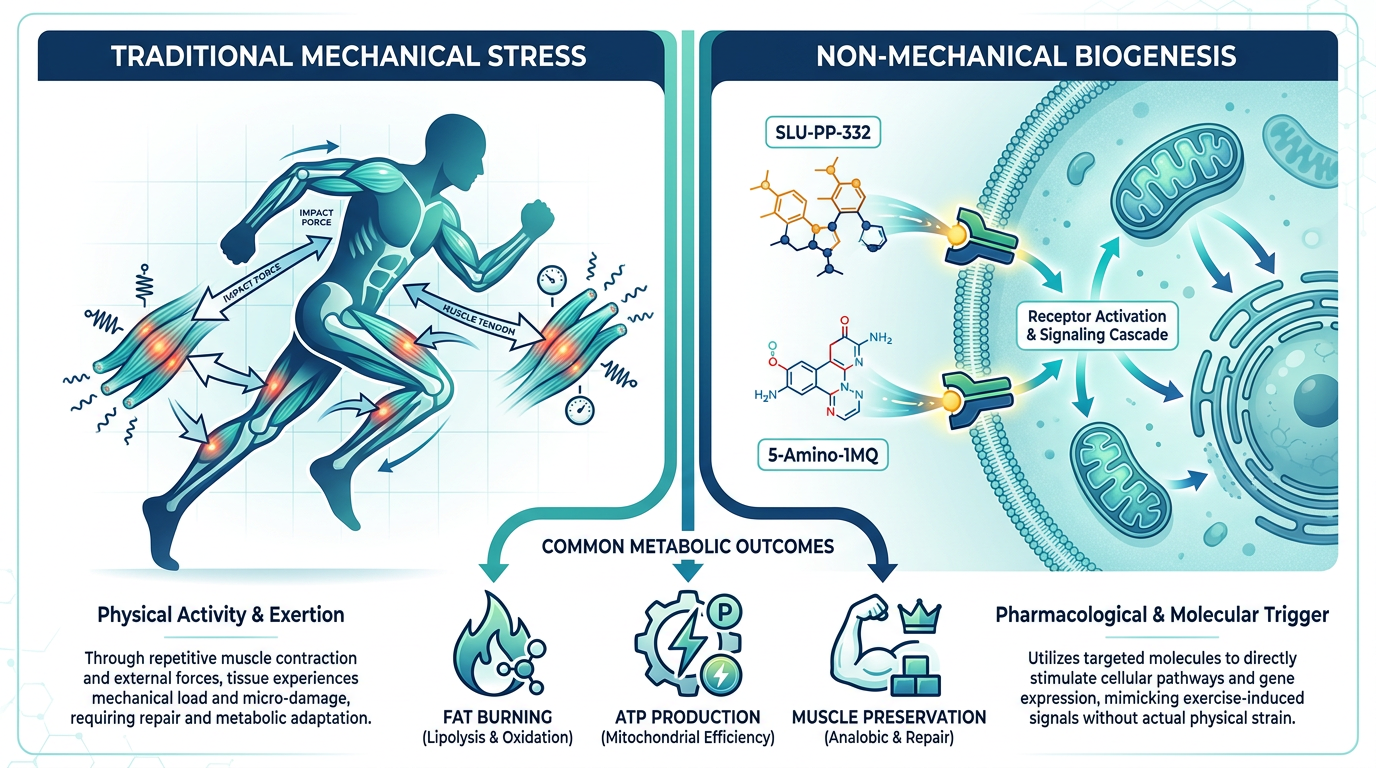 Infographic comparing biological activity during mechanical exercise versus non-mechanical mitochondrial biogenesis using SLU-PP-332 and 5-Amino-1MQ.