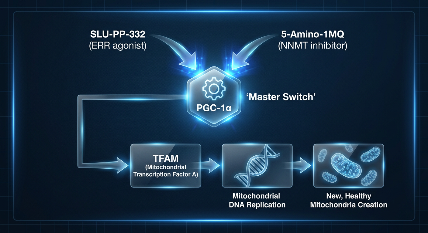 A biological flowchart showing the PGC-1α/TFAM signaling pathway and how SLU-PP-332 and 5-Amino-1MQ influence mitochondrial creation.