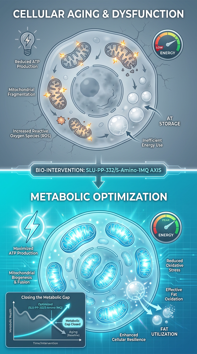 Diagram showing the decline of mitochondria with age and the restorative effect of metabolic peptides.