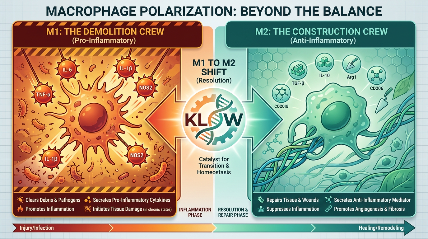 A biological diagram illustrating Macrophage Polarization, showing M1 Demolition vs M2 Construction phases.