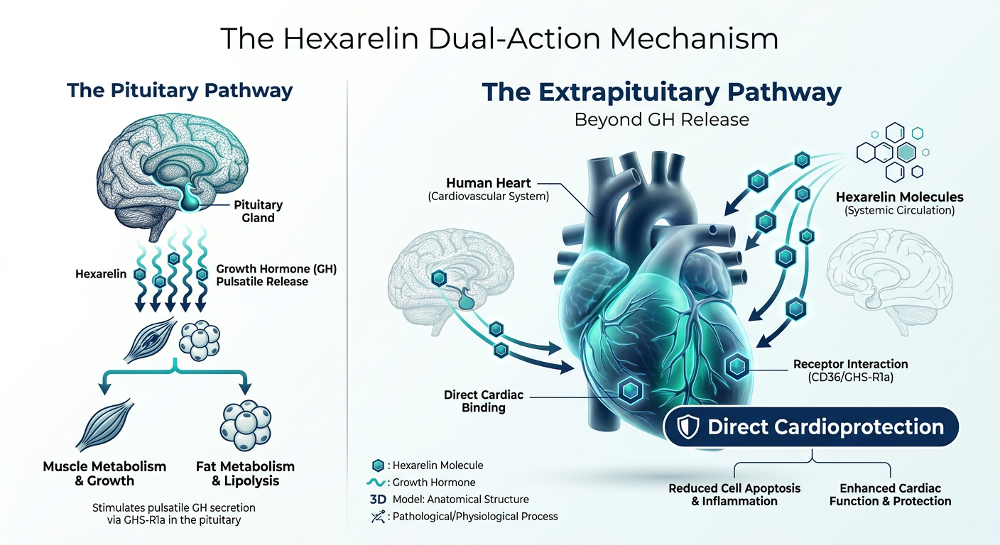 A professional medical infographic comparing the Direct and Indirect signaling pathways of Hexarelin, focusing on Extrapituitary Cardioprotective Signaling.