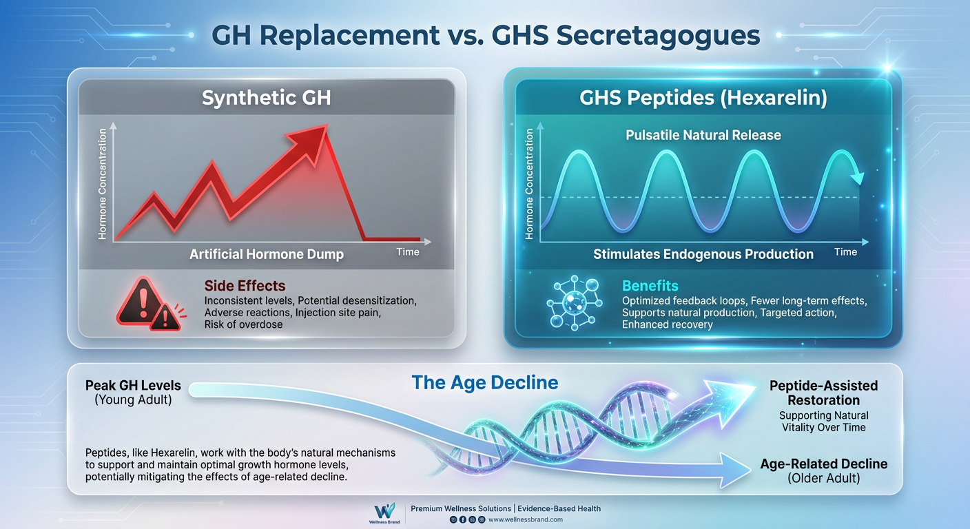 An infographic comparing traditional Growth Hormone therapy versus Secretagogues like Hexarelin, highlighting natural pulsatile release versus artificial spikes.