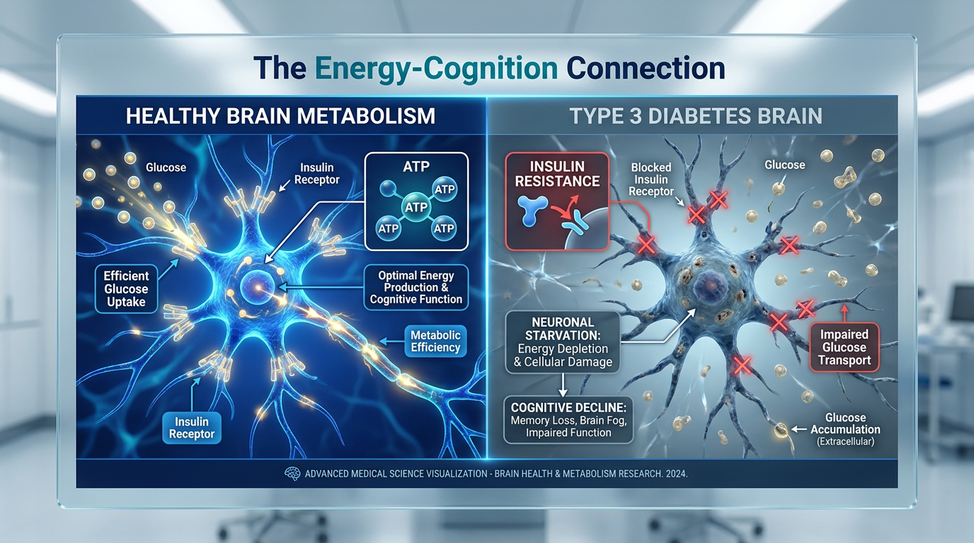 A professional medical infographic illustrating the 'Type 3 Diabetes' concept, showing how insulin resistance leads to neuronal energy starvation in the brain.