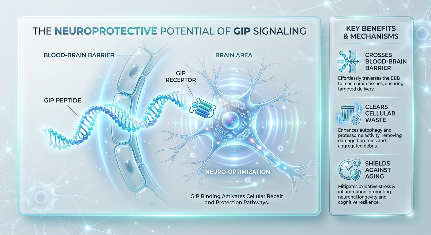 An infographic showing a peptide molecule crossing the blood-brain barrier to activate GIP receptors on neurons for neuroprotection.