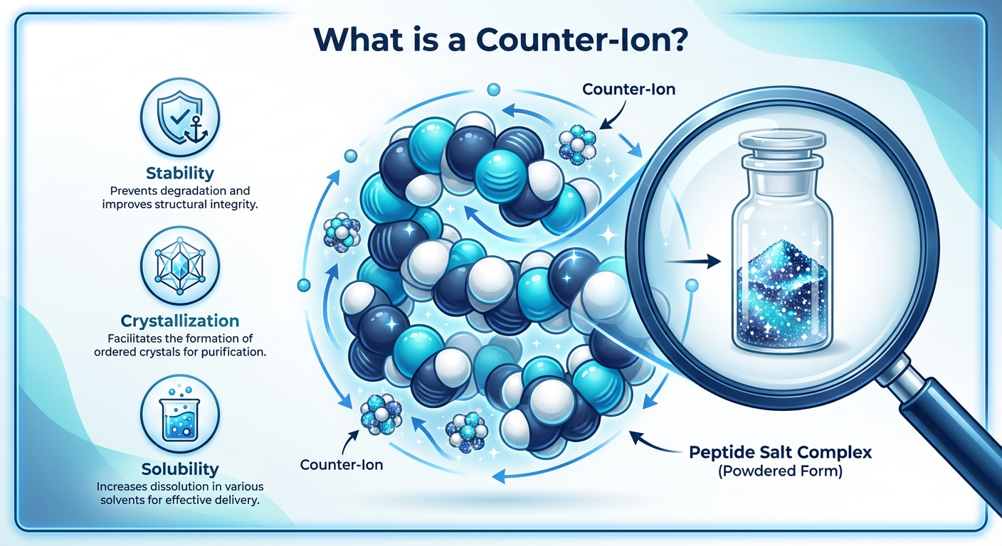 An infographic explaining the structure of a peptide powder, showing the bond between a peptide chain and its counter-ion salt molecule.