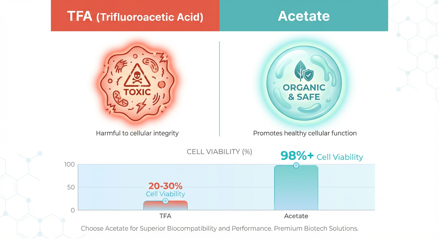A side-by-side comparison chart showing the biological impact of Acetate versus TFA counter-ions on cell health.