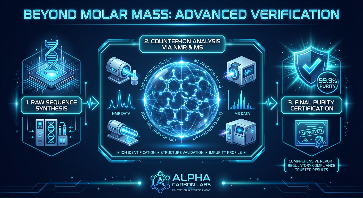 An infographic illustrating the advanced quality control process including NMR and Mass Spectrometry for peptide purity verification.