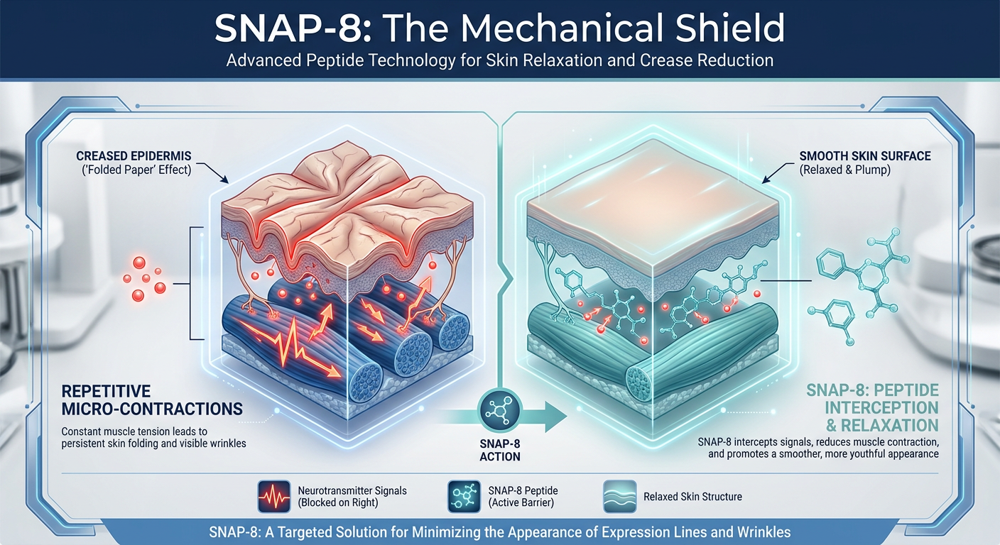 A scientific infographic showing SNAP-8 peptide's mechanism of action on muscle contraction versus traditional expression line formation.