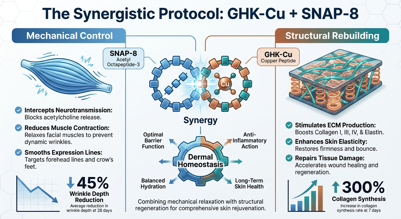 A comparison chart showing how GHK-Cu repairs the Extracellular Matrix (ECM) alongside SNAP-8 for comprehensive skin rejuvenation.