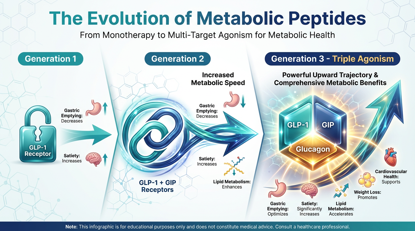 A medical infographic showing the evolution of metabolic peptides from Single to Triple Agonism, using a stair-step layout.