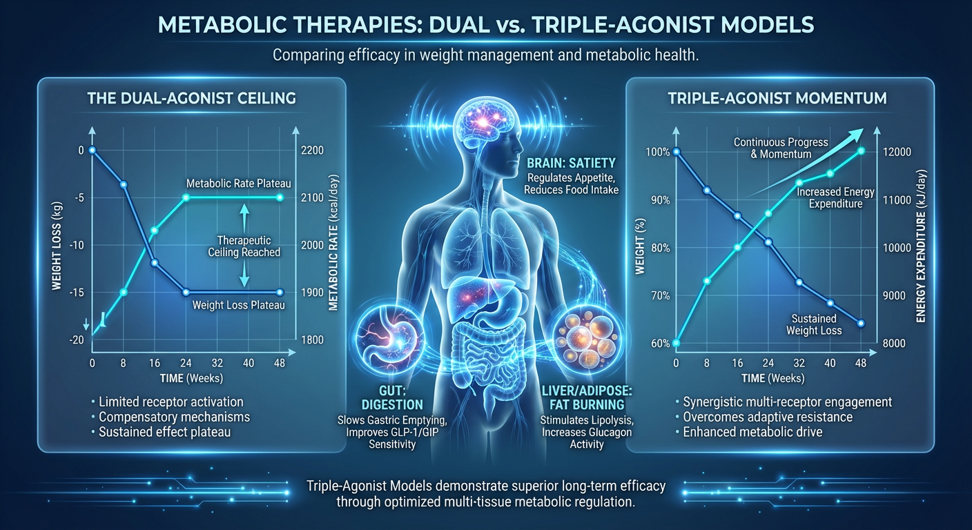 A scientific comparison chart illustrating the 'Dual-Agonist Ceiling' versus the continuous metabolic progress of Triple-Agonism.