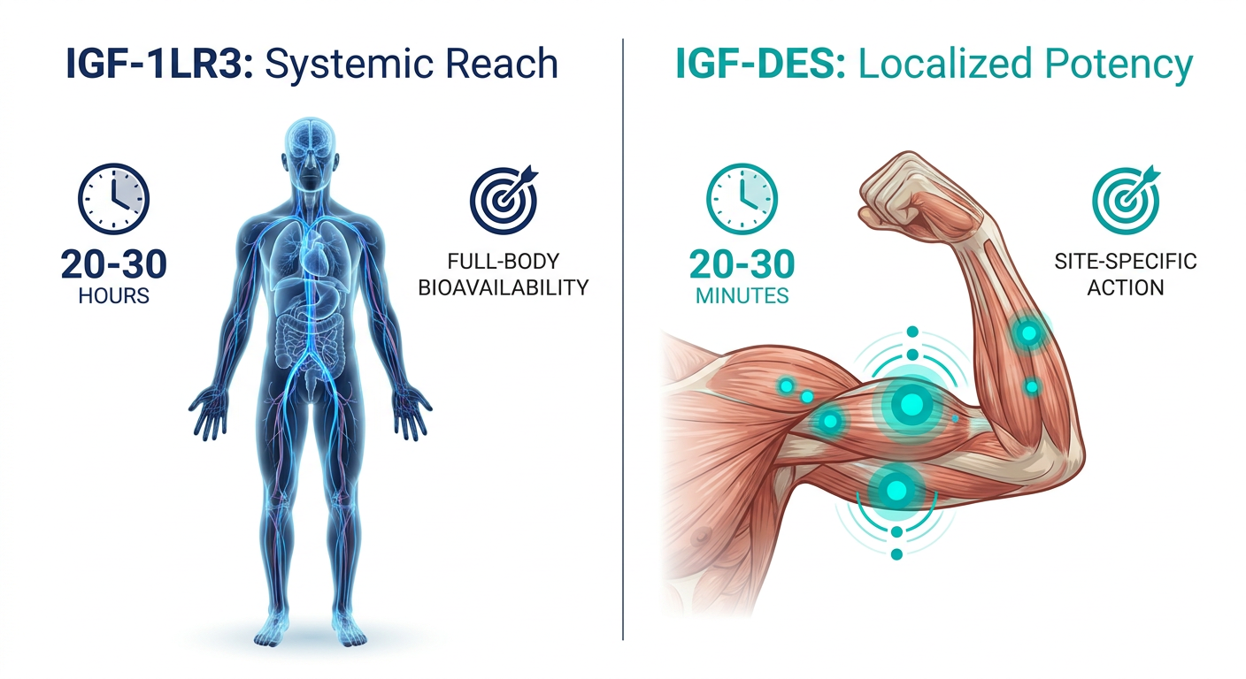 Infographic comparing IGF-1LR3 and IGF-DES based on their metabolic half-life and range of action, showing systemic versus localized effects.