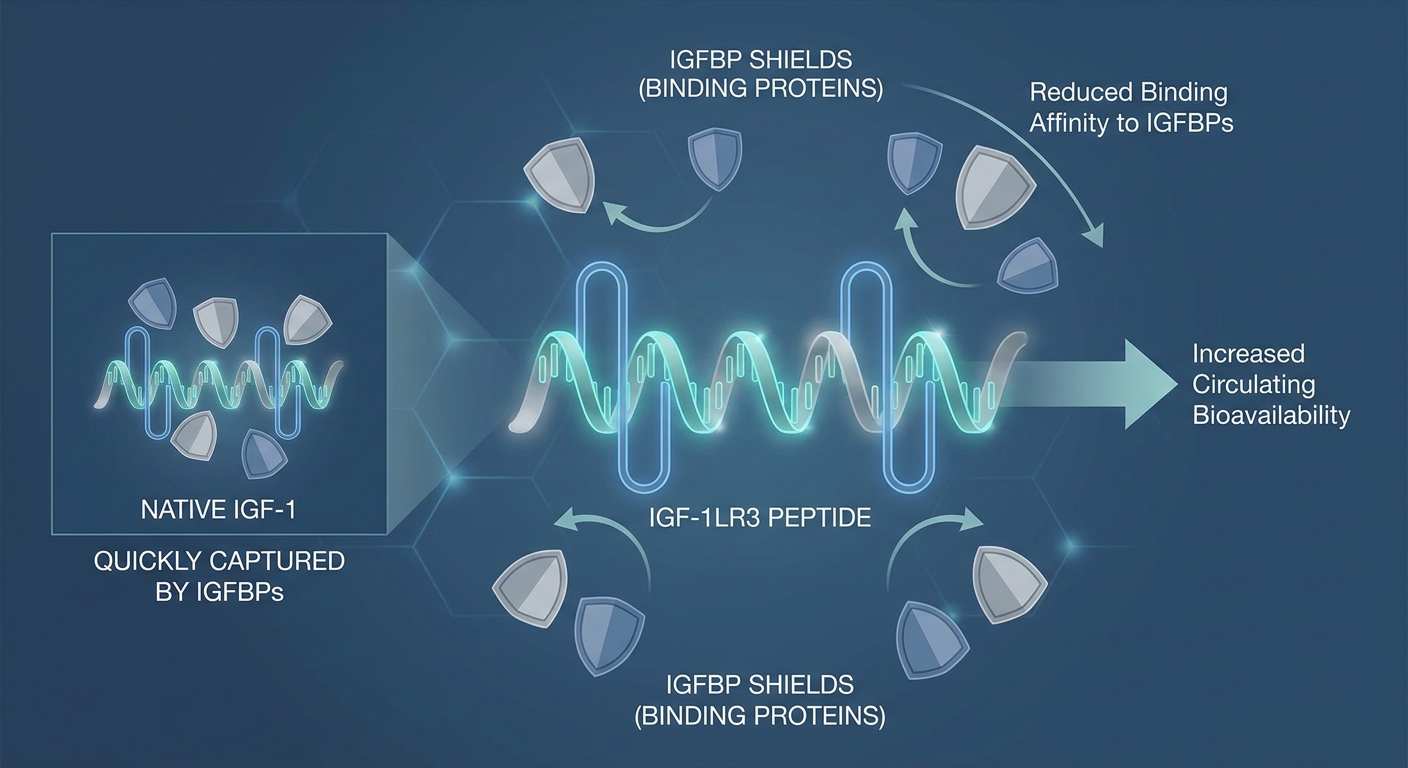 Scientific diagram explaining IGF-1 Binding Protein (IGFBP) evasion, showing how IGF-1LR3 remains active in the bloodstream.