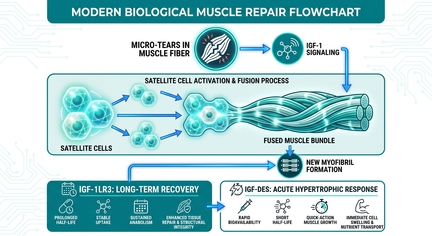 Infographic showing the role of IGF-1 in muscle regeneration, focusing on satellite cell activation and tissue repair.