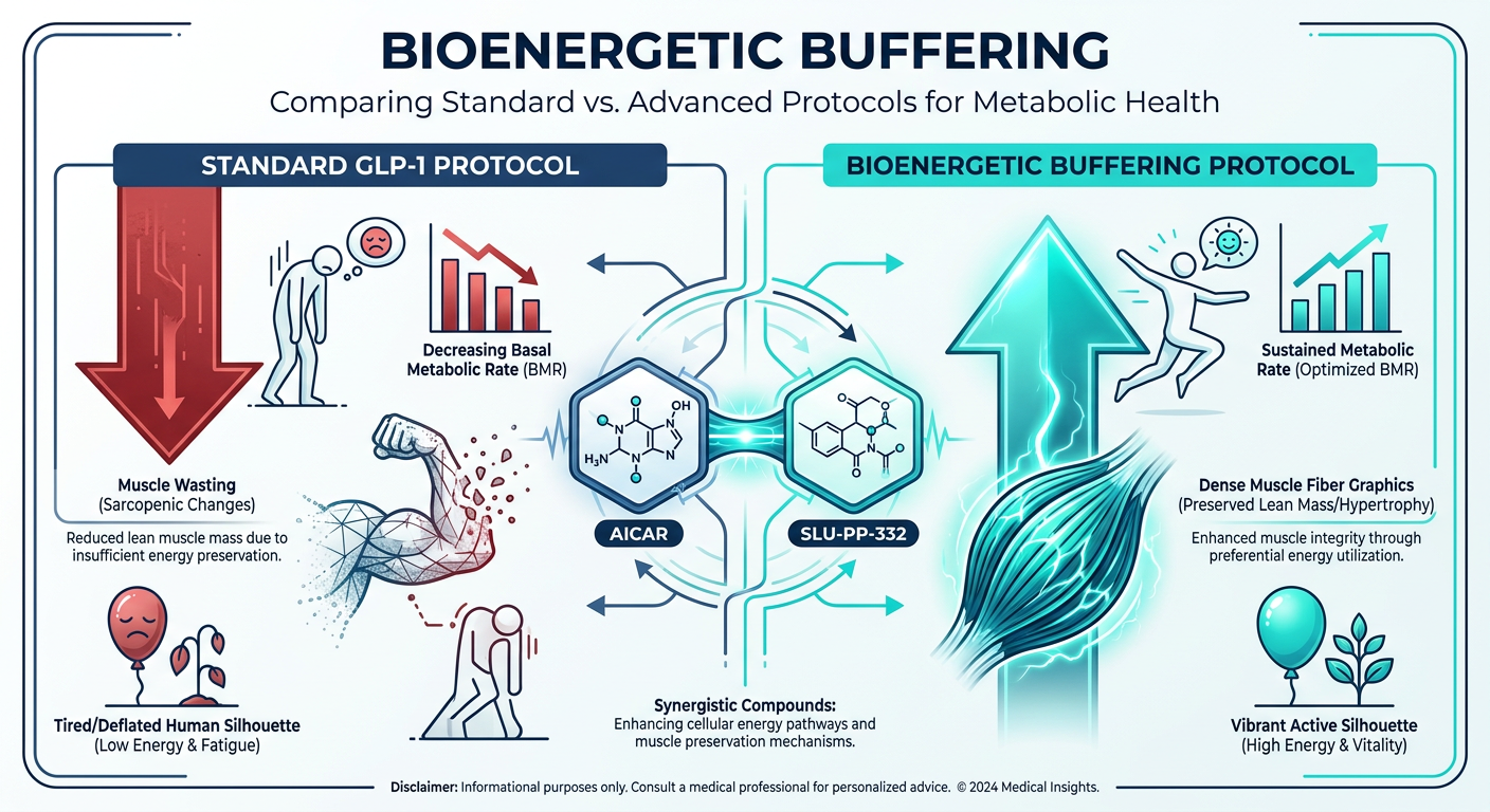A comparison infographic showing the traditional GLP-1 weight loss cycle versus the proposed Bioenergetic Buffering protocol with AICAR and SLU-PP-332.
