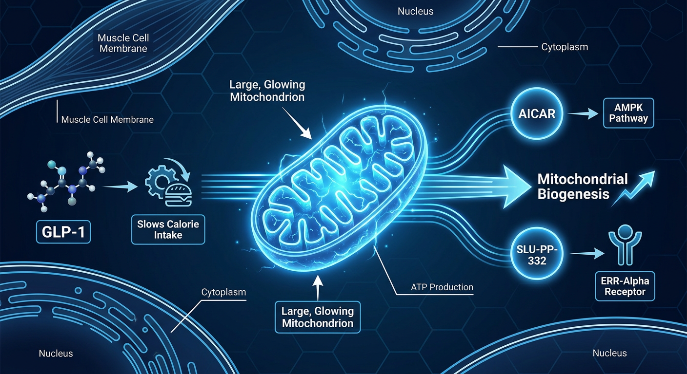 A detailed cellular diagram showing how AICAR and SLU-PP-332 interact with mitochondria and muscle tissue to prevent metabolic adaptation.