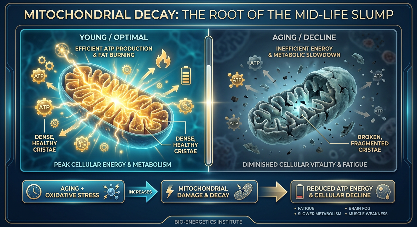A medical infographic comparing a healthy mitochondrion to a decayed one, showing the impact of aging on ATP production.