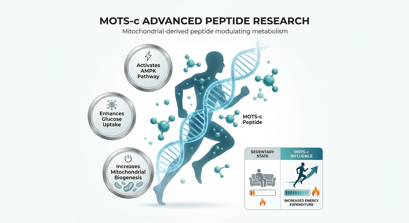 A science-based infographic explaining how the peptide MOTS-c acts as an exercise mimetic to improve metabolism.