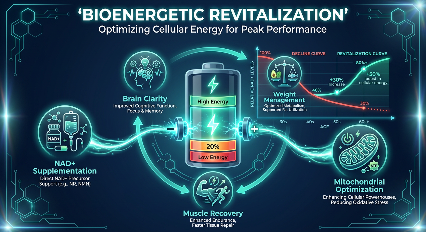 An infographic showing the synergistic relationship between NAD+ levels and energy revitalization.