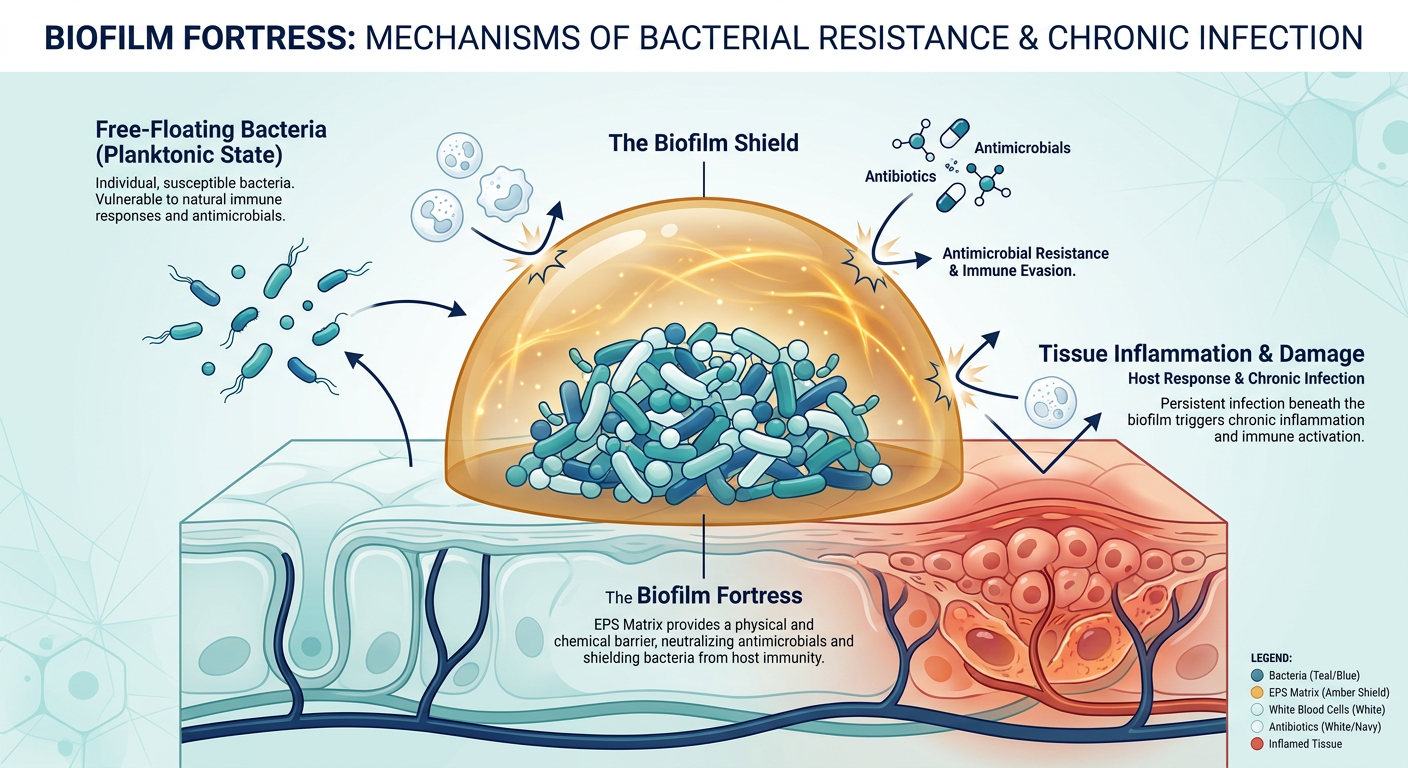 A professional medical infographic explaining the structure of a bacterial biofilm and how it creates a barrier to wound healing.