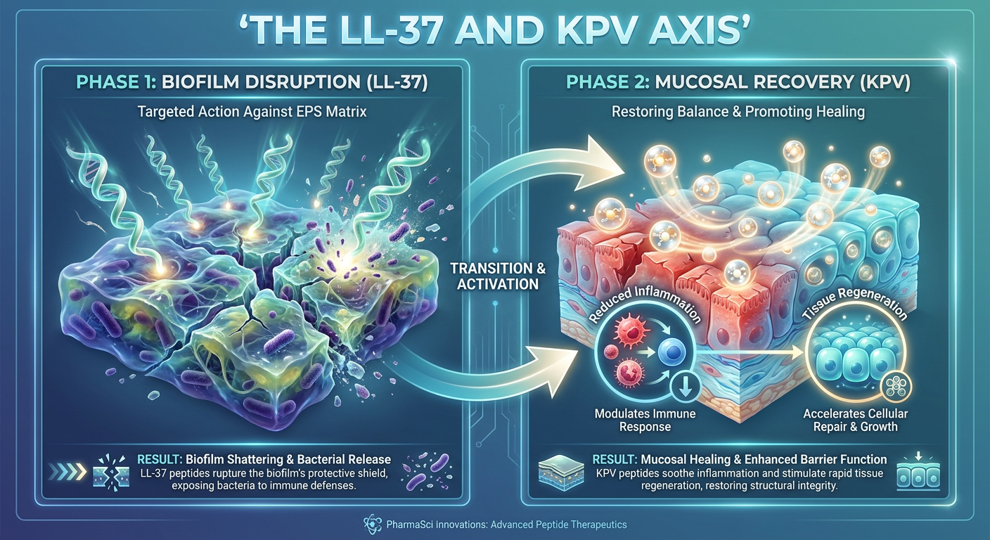 A comparison infographic showing the dual-action mechanism of LL-37 and KPV peptides in disrupting biofilms and reducing inflammation.