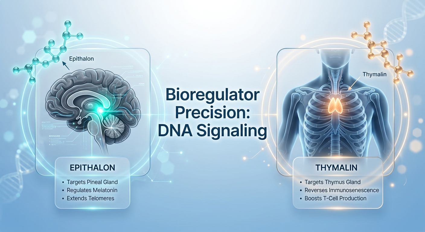 A medical infographic comparing the mechanism of action of Epithalon on the pineal gland and Thymalin on the thymus gland, showing cellular signaling pathways.