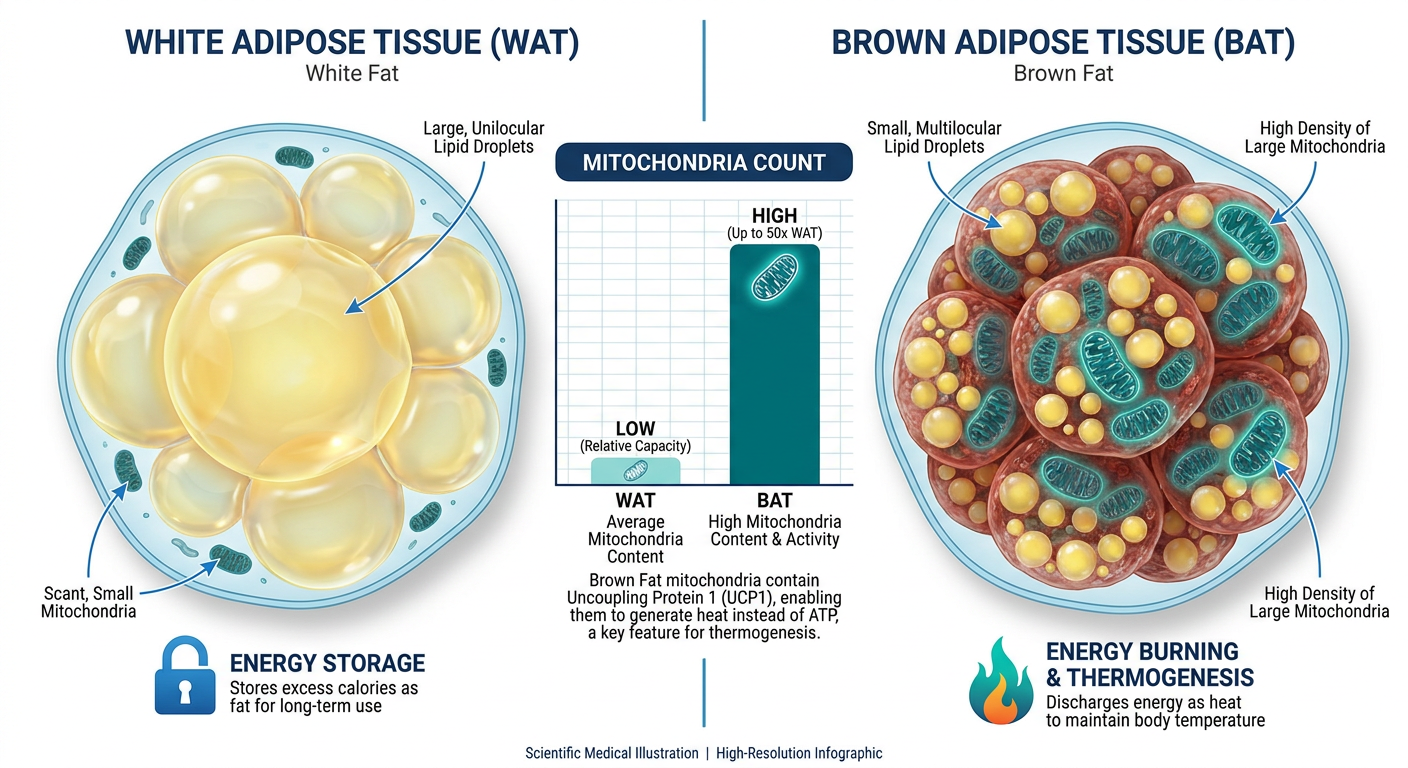 A medical infographic comparing White Adipose Tissue (WAT) and Brown Adipose Tissue (BAT) side-by-side. WAT is shown as large, yellow storage cells with few mitochondria, while BAT is shown as smaller, iron-rich reddish-brown cells packed with mitochondria. Labels explain WAT's role in energy storage and BAT's role in thermogenesis and calorie burning.