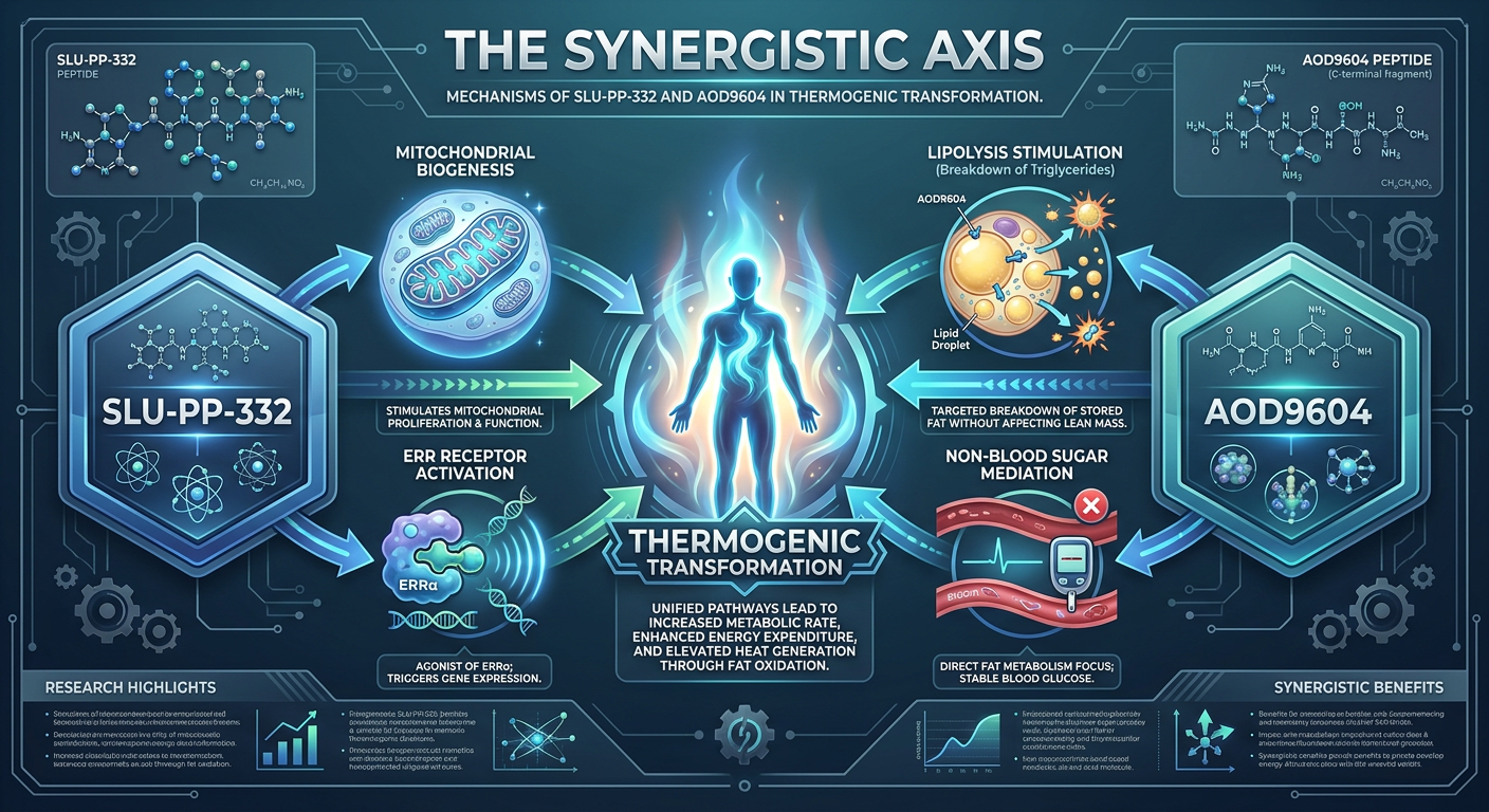 A metabolic pathway infographic titled 'The Synergistic Axis,' showing the combined effects of SLU-PP-332 and AOD9604. It illustrates SLU-PP-332 activating ERR receptors for mitochondrial biogenesis and AOD9604 stimulating lipolysis to break down fat cells. The flowchart leads to 'Thermogenic Activation.'